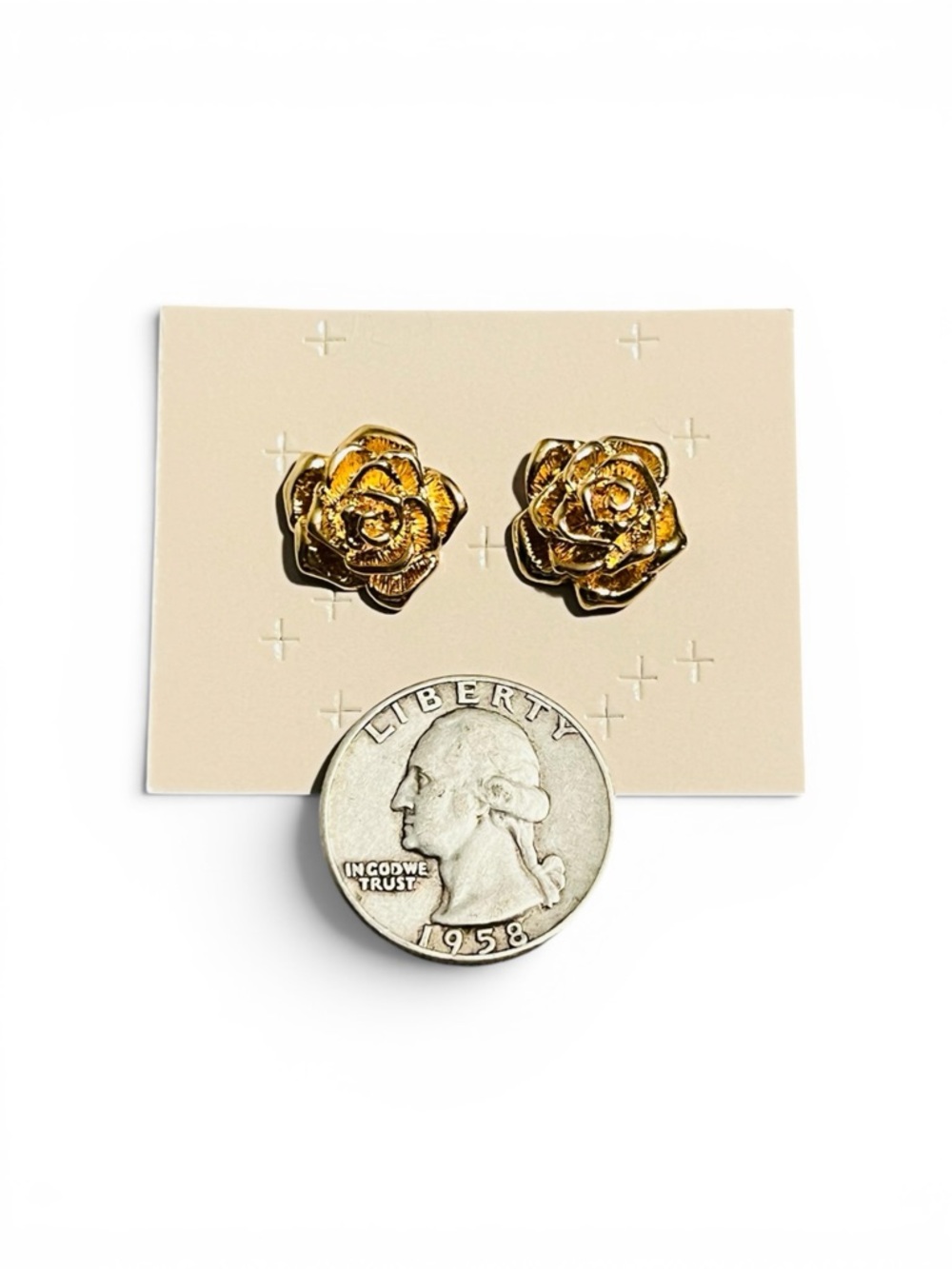 Vintage Gold Tone Sculpted Rose Pierced Earrings – c. 1990 - Picture 3 of 7